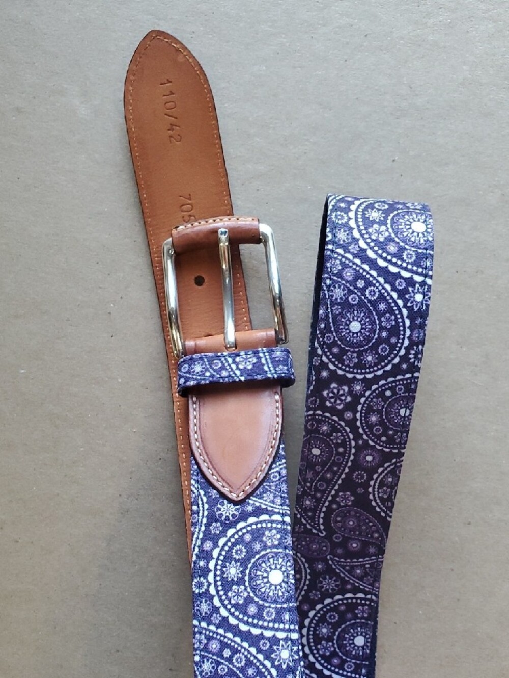 Bullock & Jones Purple Paisley Fabric Belt with Brown Leather Accents 42 - Picture 8 of 10